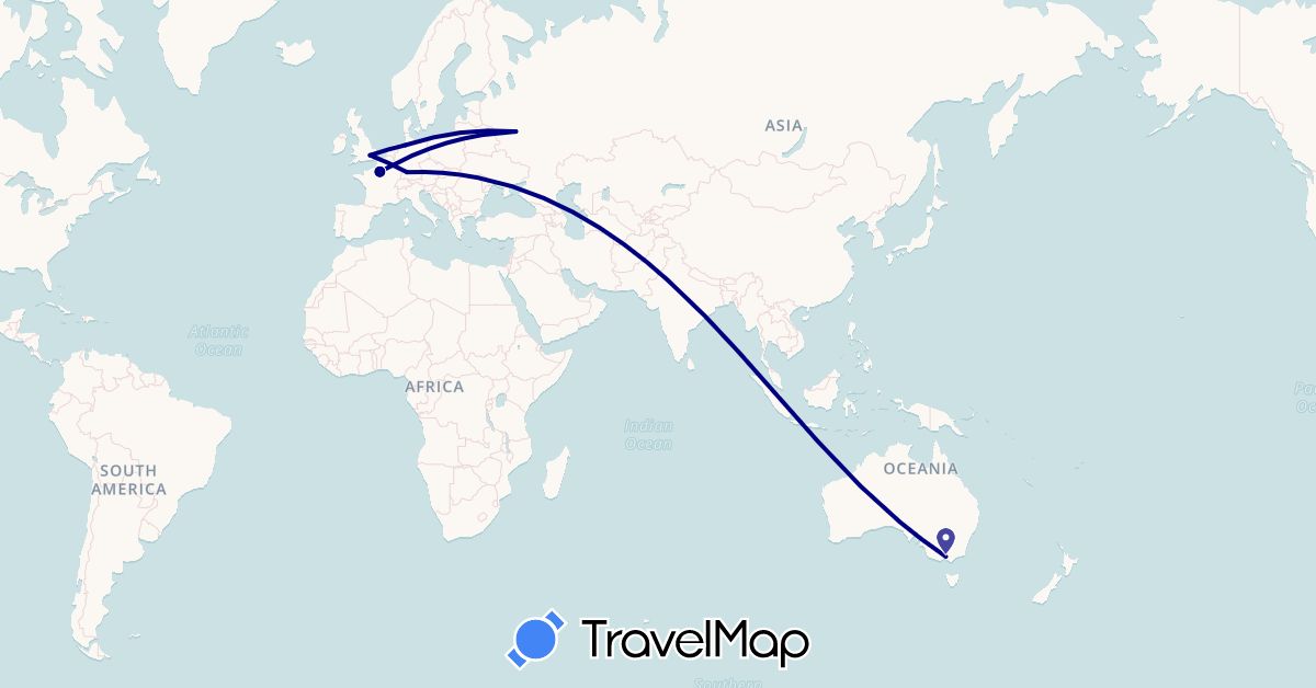 TravelMap itinerary: driving in Australia, Germany, France, United Kingdom, Russia (Europe, Oceania)